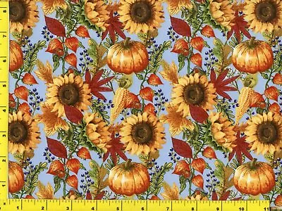 Sunflowers  Pumpkins Corn Berries On Blue Quilting Sewing Fabric By Yard  #862 • $5.36