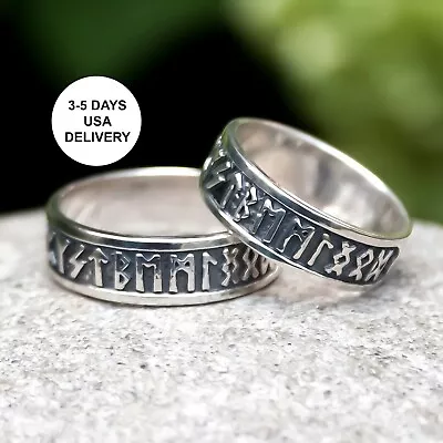 Viking Rune Band Ring 925 Sterling Silver Norse Celtic Wedding Rings Thumb Ring • $35.10