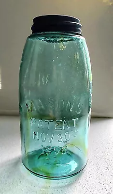 Blue Aqua Mason's Patent 1858 With Amber Swirls Half Gallon Fruit Jar • $39.95