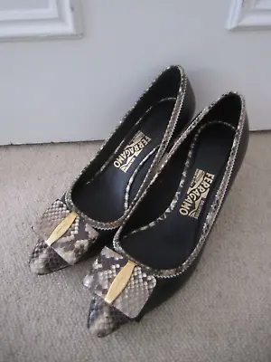 SALVATORE FERRAGAMO - Black Leather & Snakeskin Trimmed Heeled Court Shoes • £70