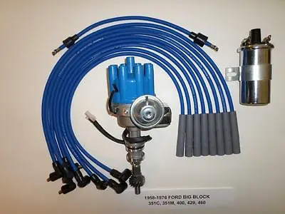 FORD 351C-400M-429-460 BLUE Female Small HEI Distributor + 45K Coil + PLUG WIRES • $156.88