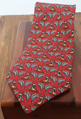 Vtg Designer Salvatore Ferragamo Silk Mens Necktie Red Marlin Fish Sail Boat Tie • $124.95