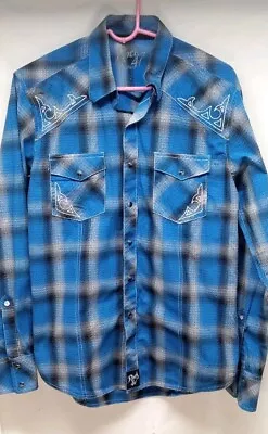 Rock 47 Wrangler Shirt Western Men Large Blue Plaid Pearl Snap Button Embroidery • $18