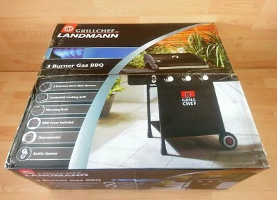 £199 • Buy LandMann Grill Chef 3 Burner Gas BBQ Cover Professional BBQ Thermometer Bottle 