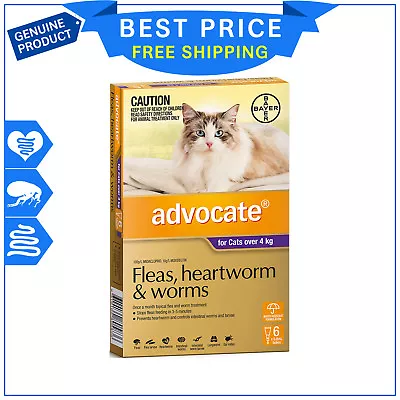 ADVOCATE For Cats Flea Heartworm Worm Treatment 6 Pipettes FREE Shipping • $79.99