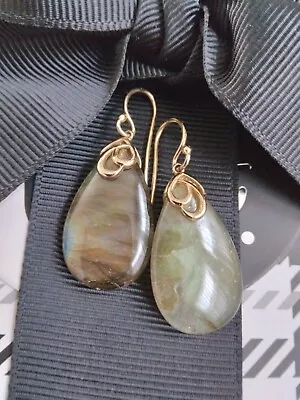 Genuine Natural Labradorite Earrings - Yellow Gold On 925 - 1.5 Inch L • $84.99