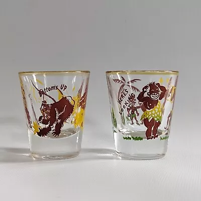 Vintage Shot Glass Set - 2 Glasses With Monkeys/Tribal Decor - Excellent • $16