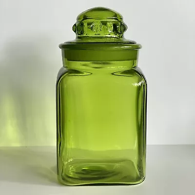 Vintage  Large Green Glass Lidded Square Canister Candy Jar • $22