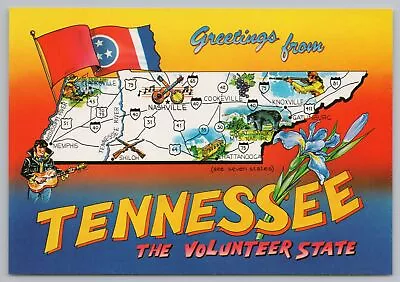 State View~Tennessee Greetings~State Map~Flag~Flower~Elvis~Continental Postcard • $1.60