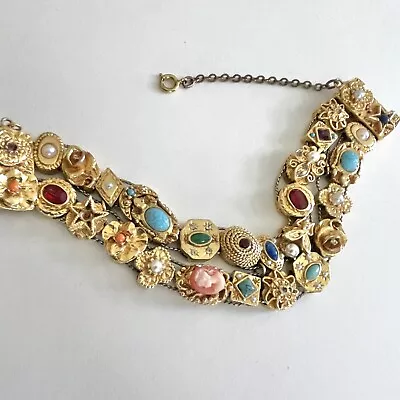 Vintage Goldette Slide Charm Bracelet Double Strand 7” Victorian Revival • $125