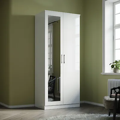 White 2 Door High Gloss Wardrobe Bedroom Furniture Storage With Hanging Rail • $252