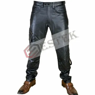 $107.24 • Buy Mens Real Cowhide Leather Pants Cargo Quilted Panel Lederhosen Breeches Trousers