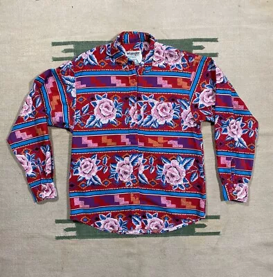 Vintage 80s USA Made Wrangler Western Apparel Floral Red Button Up Size Medium • $40