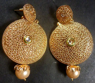 $24.46 • Buy South Indian Antique Gold Plated CZ Kundan Polki Wedding Earrings Jhumka Set 2