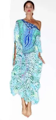 Camilla Vintage Silk Aqua Waterfall Round Neck Kaftan With Swarovski Crystals • $142.50