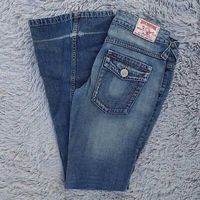 True Religion Jeans Womens 27x32 Blue Denim Joey Flared Sun Faded Flap Pocket • $34.95