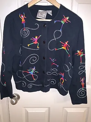 Michael Simon Lite Cardigan Women Medium Black Ice Skaters Embroidered Vintage • $27.25