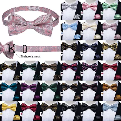 Mens Bow Ties Self Tie Floral Paisley Silk Pink Bowtie Hanky Cufflinks Set Party • $10.19