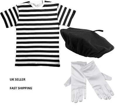 Children's French Mime Artiste T Shirt Beret Hat Gloves Fancy Dress Costume • £12.99