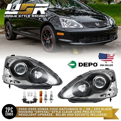 DEPO JDM Black Projector Headlight + Bulb For 2002-2005 Honda Civic 3D Si HB EP3 • $194.96