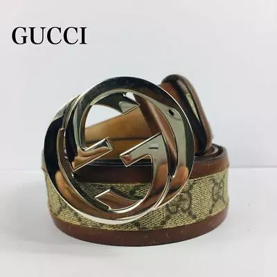GUCCI GG Pattern Leather Belt Interlocking G Buckle 85/34 Brown Silver Men • $225