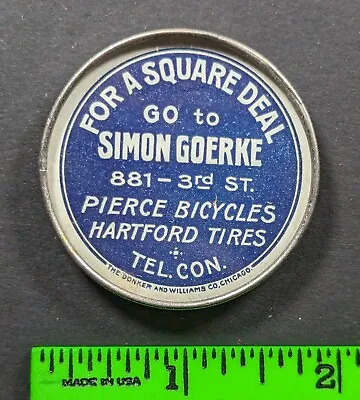 Vintage Simon Goerke Pierce Bicycles Hartford Tires Advertising Pocket Mirror • $33.75