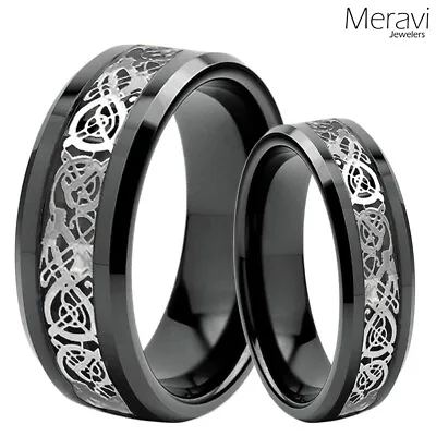 His & Her Black Tungsten Carbide Silver Celtic Dragon Mens Ring Wedding Band Set • $27.90