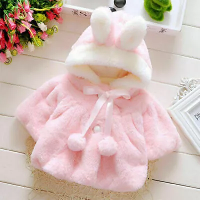 Kids Baby Girl Warm Rabbit Ear Hooded Fluffy Coat Winter Hoodies Jacket Outwear﹤ • £14.24