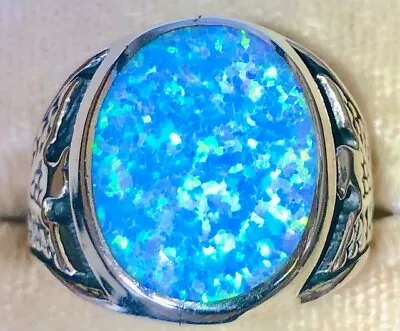 70's Era Bright Sky Blue Large Opal Thunderbird Men's Ring 10 Sterling VIDEO • $199