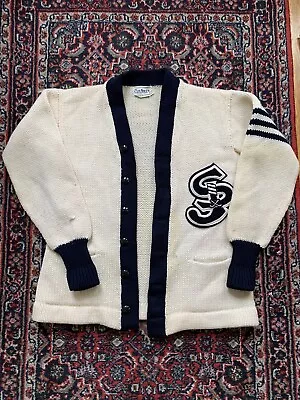 Vintage 50s/60s Cor-Nix Co. College Letterman Cardigan Sweater White/Navy • $50