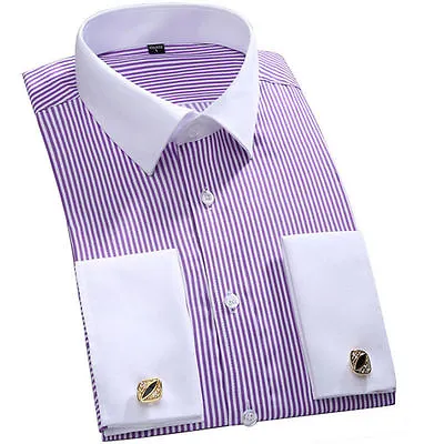 Mens Long Sleeves Shirts French Cuff Business Strips Dress With Cufflinks Shirts • $19.12