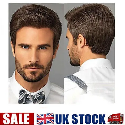Mens Mature Brown Short Straight Hair Wig Natural Everyday Synthetic Full Wigs • £9.61