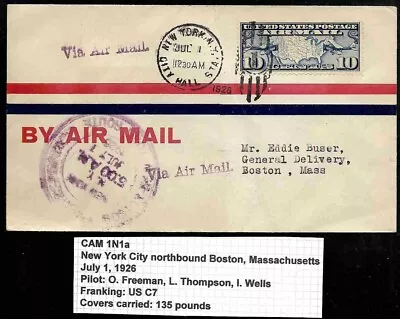 1926 CAM 1N1 NYC To BOSTON First Flight Cover • $7.50