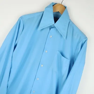 Vintage 70's Blue Dagger Collar Mens Shirt Disco SZ  SMALL 37  (M3887) • £20.95