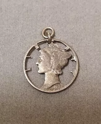 Vintage 1942 Silver Hand Carved Mercury Dime Winged Liberty Pendant Charm • $18.75