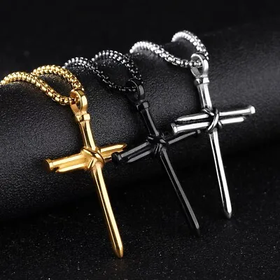 Mens Womens Nail Cross Pendant Necklace Christian Jewelry Stainless Steel Chain • $11.99