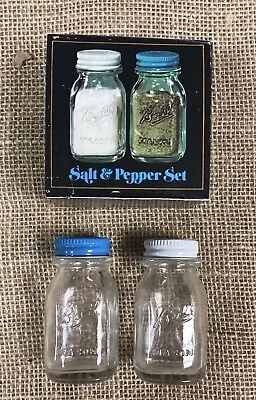 Vintage Ball Mason Jar Glass Salt And Pepper Shaker Set In Box Blue White 2.75  • $9.99