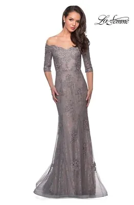 La Femme Women's Lace Embroidered Evening Gown In Silver Pink Size 12 MSRP $598 • $149.50