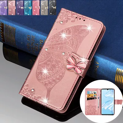 For Huawei Mate20 P30 Y6 Y7 Y9 Bling Butterfly Magnetic Leather Card Case Cover • $16.68