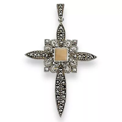 Sterling Silver 925 Marcasite Mother Of Pearl Ornate Religious Cross Pendant • $49