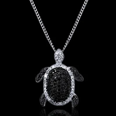 1/10Ct Black & White Real Diamond Turtle Pendant Necklace 14K Gold Plated Silver • $74.69