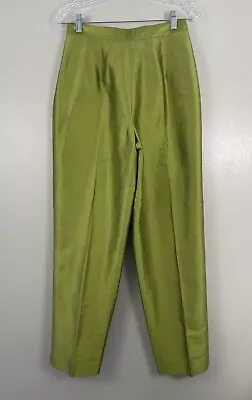 Vintage High Waisted Pants Pleat 100% Dupioni Silk Green Ankle 90's Tapered Sz 6 • $25.20