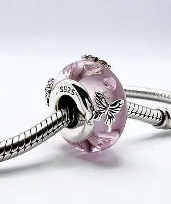 💖 Pink Murano Glass Butterfly Charm Bead Genuine 925 Sterling Silver 💖 • £18.95