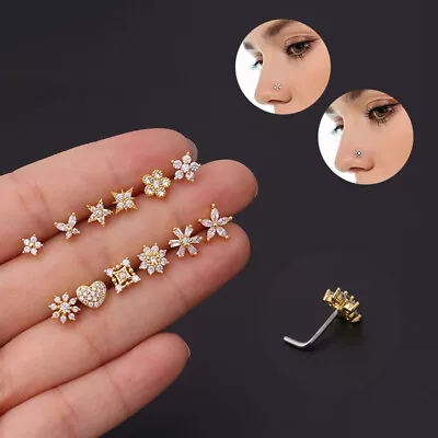 $8.79 • Buy Crystal Pavé18K Nose Stud Ring L Shaped Zirconia Body Piercing  Jewellery AU