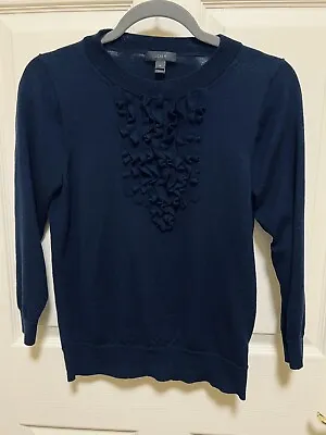 J. Crew Navy Blue Merino Wool Ruffled 3/4 Sleeve Sweater Women’s M • $25