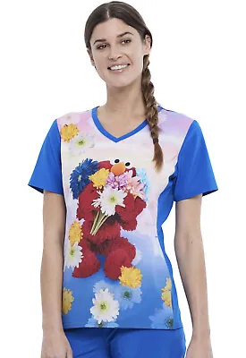 Elmo Flowers Cherokee Scrubs Tooniforms Sesame Street V Neck Top TF627 SWMF • $30.98