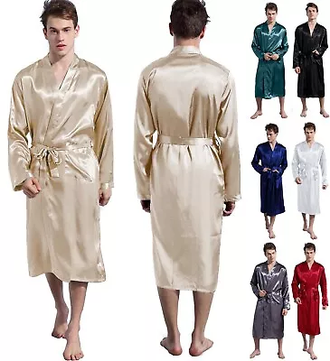 UK Men Long Satin Silk Pajamas Kimono Bathrobe Robe Dressing Gown Pjs Loungewear • £14.99