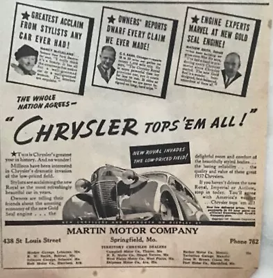 1937 Newspaper Ad For Chrysler - Whole Nation Agrees Chrysler Tops 'Em All • $3.46