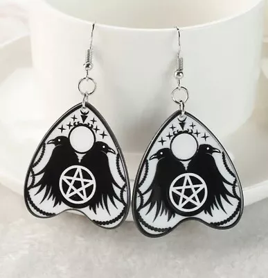 Goth / Emo Black And White Raven Planchette Hook Earrings UK Based.  Halloween • £4.99