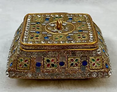 Square Gold Jeweled Mirrored Enamel Glitter Trinket Box Moroccan W/ Lid 3 X 3  • $17